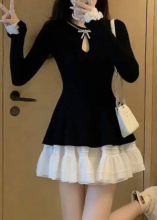 Französisches schwarzes Patchwork-Kleid mit Rundhalsausschnitt für den Urlaub im Frühling