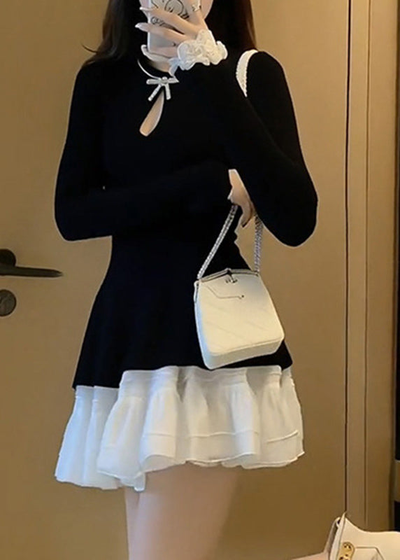 Vestido francés negro de media pierna con cuello redondo y patchwork para vacaciones de primavera