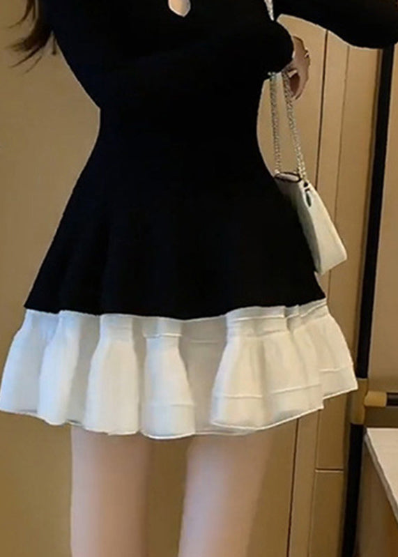 Vestido francés negro de media pierna con cuello redondo y patchwork para vacaciones de primavera