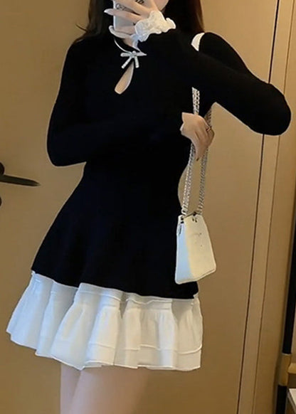 Vestido francés negro de media pierna con cuello redondo y patchwork para vacaciones de primavera