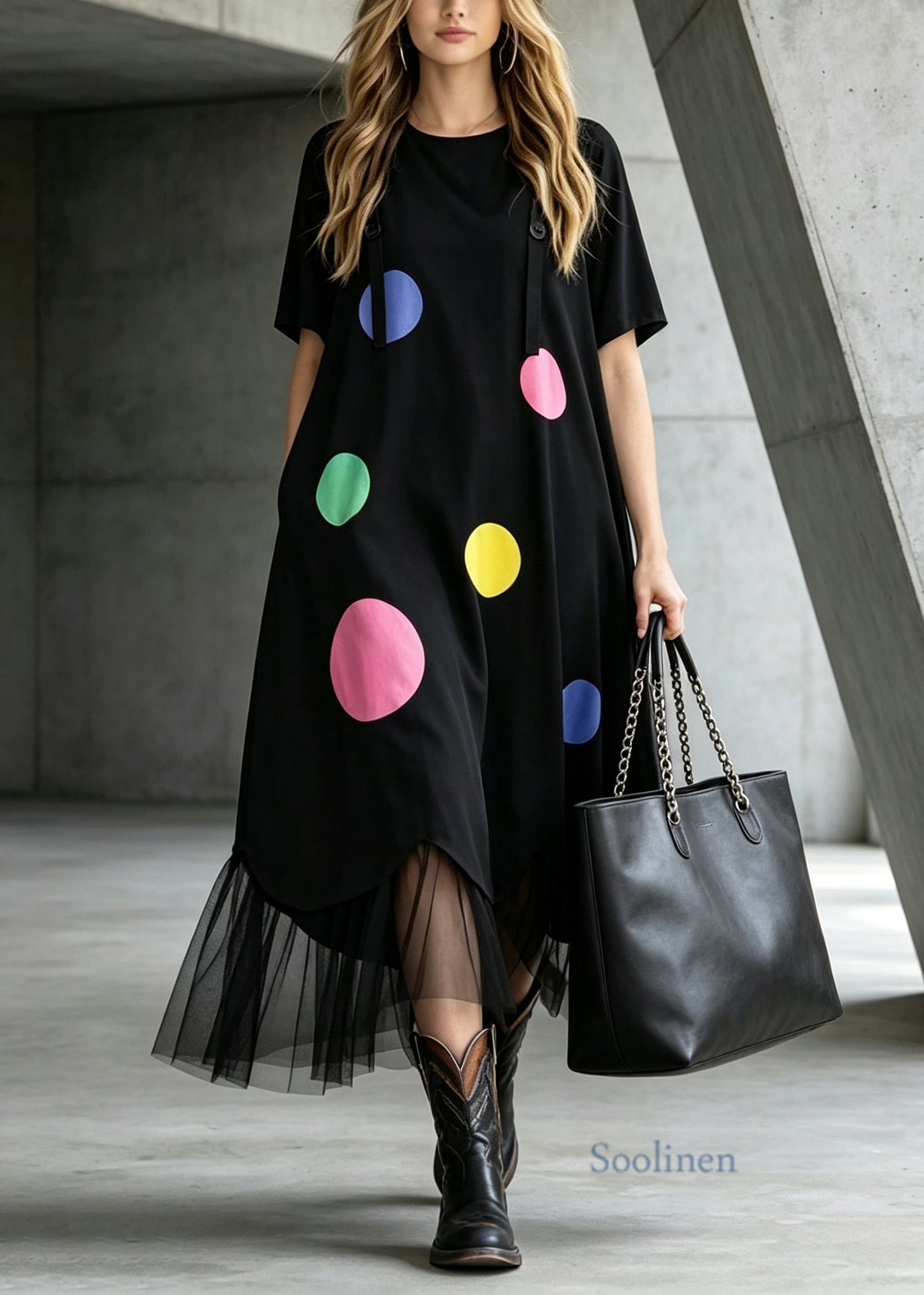 French Black O Neck Print Tulle Patchwork Cotton Long Dress Summer