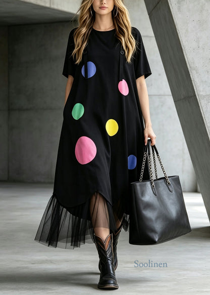French Black O Neck Print Tulle Patchwork Cotton Long Dress Summer