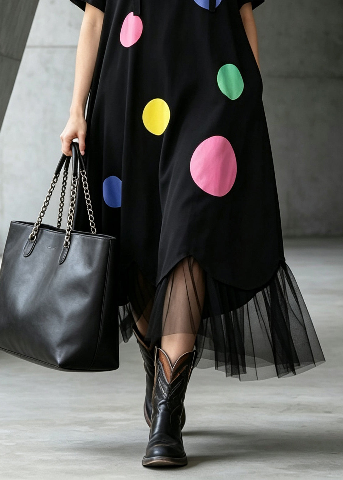 French Black O Neck Print Tulle Patchwork Cotton Long Dress Summer