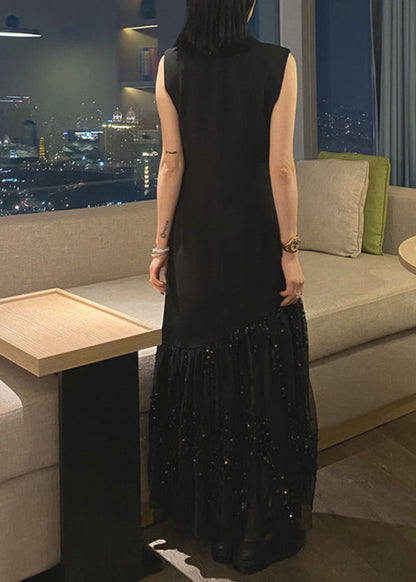 French Black O-Neck Sequins Patchwork Tulle Maxi Dress Short Sleeve