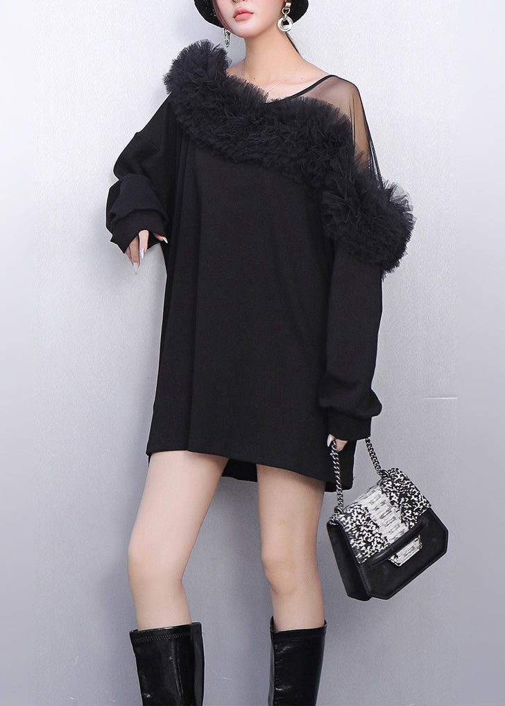 Vestido mini de algodón con un hombro al descubierto y patchwork en color negro francés para primavera