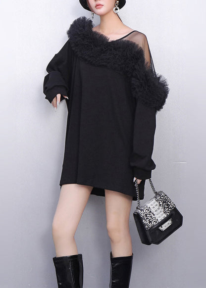 Vestido mini de algodón con un hombro al descubierto y patchwork en color negro francés para primavera