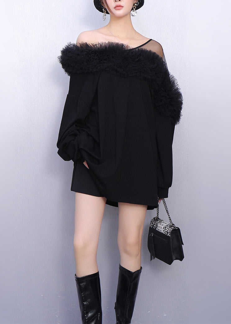 Vestido mini de algodón con un hombro al descubierto y patchwork en color negro francés para primavera