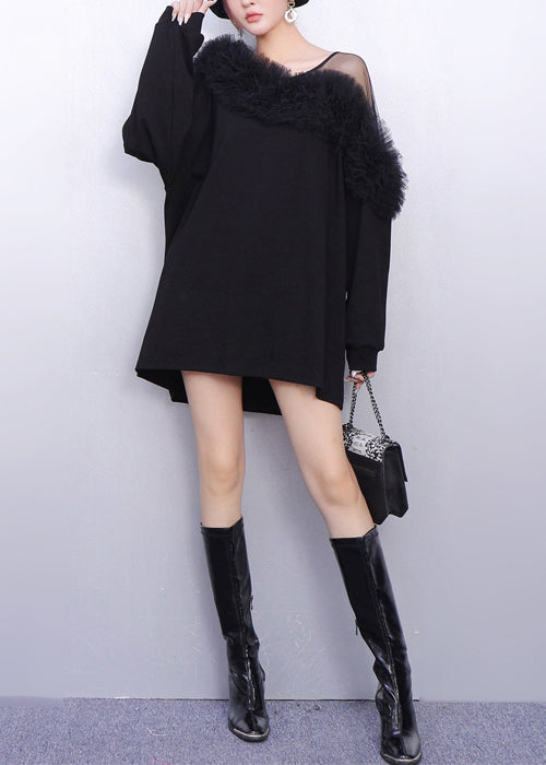 Vestido mini de algodón con un hombro al descubierto y patchwork en color negro francés para primavera