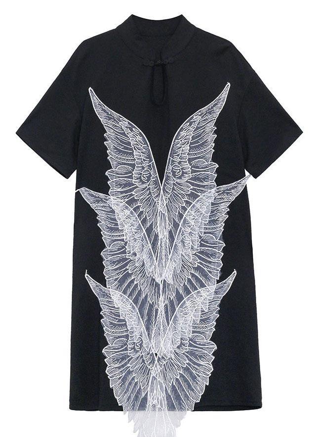 French Black Oriental Appliques Shift Dresses Summer - SooLinen