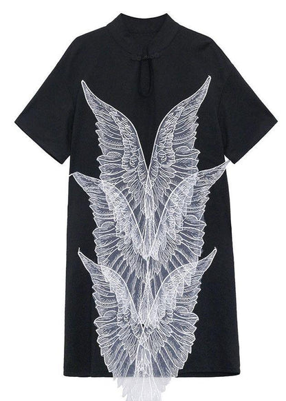 French Black Oriental Appliques Shift Dresses Summer - SooLinen