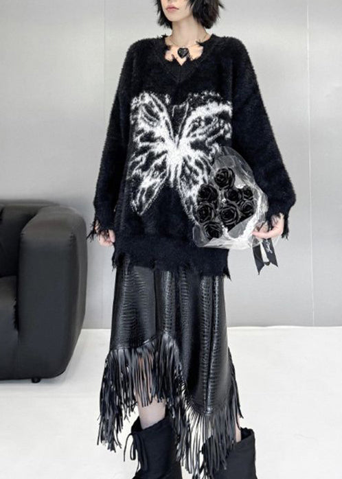 Französischer schwarzer Oversize-Pullover mit Schmetterlingsmuster, Rissen und Kunstnerz-Samt-Optik, Winter
