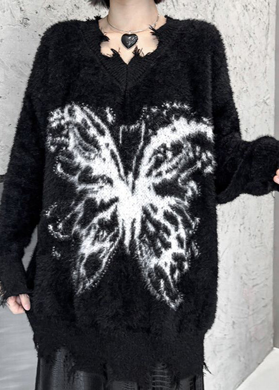 Französischer schwarzer Oversize-Pullover mit Schmetterlingsmuster, Rissen und Kunstnerz-Samt-Optik, Winter