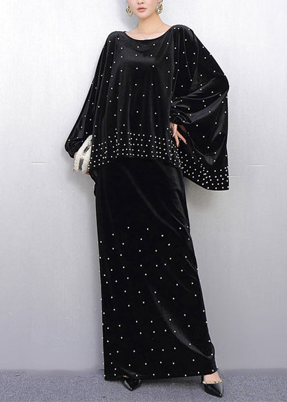 Conjunto de dos piezas de terciopelo de seda con cuentas de uñas negras extragrandes francesas para primavera