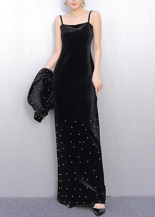 Conjunto de dos piezas de terciopelo de seda con cuentas de uñas negras extragrandes francesas para primavera