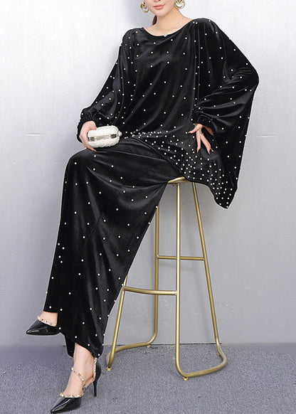 Conjunto de dos piezas de terciopelo de seda con cuentas de uñas negras extragrandes francesas para primavera