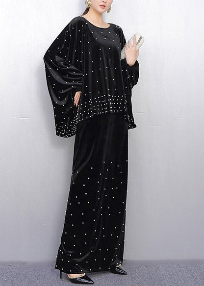 Conjunto de dos piezas de terciopelo de seda con cuentas de uñas negras extragrandes francesas para primavera