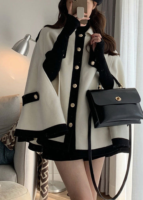 French Black Oversized PocketsPatchwork Woolen Coats Cloak Sleeves
