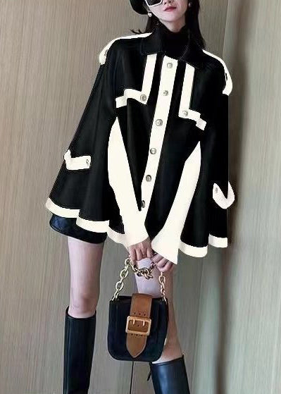 French Black Oversized PocketsPatchwork Woolen Coats Cloak Sleeves
