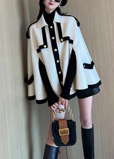 French Black Oversized PocketsPatchwork Woolen Coats Cloak Sleeves