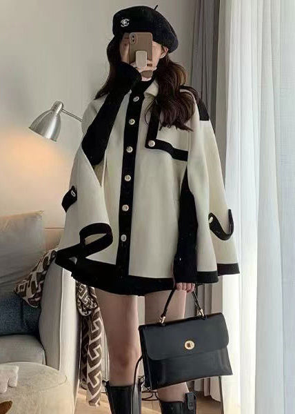 French Black Oversized PocketsPatchwork Woolen Coats Cloak Sleeves