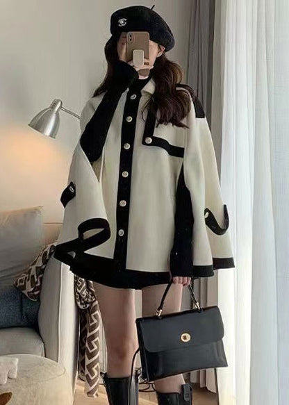 French Black Oversized PocketsPatchwork Woolen Coats Cloak Sleeves