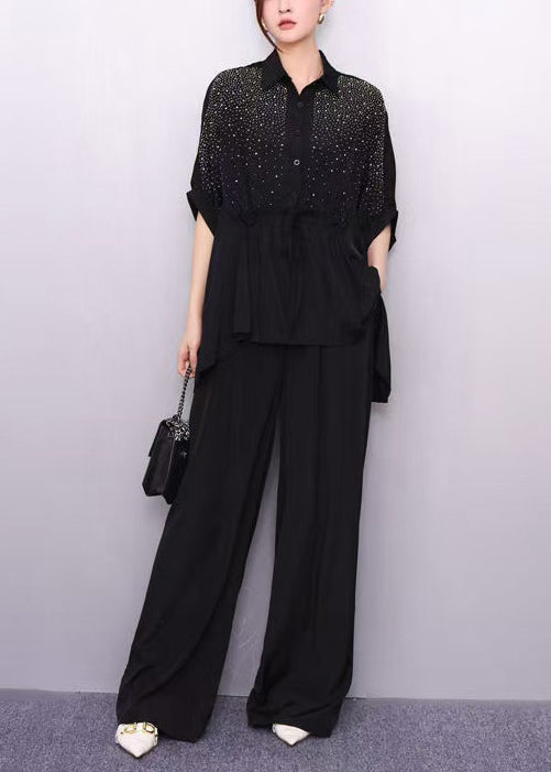French Black Oversized Rhinestone Two Pieces Set Summer