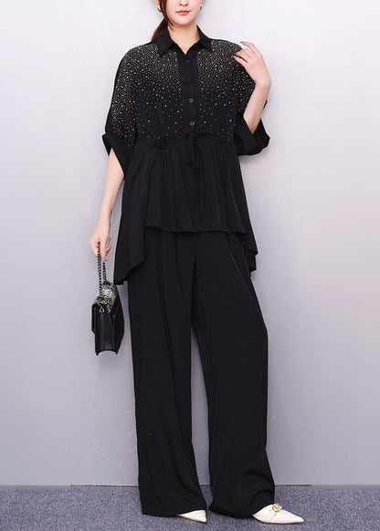 French Black Oversized Rhinestone Two Pieces Set Summer