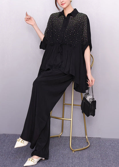 French Black Oversized Rhinestone Two Pieces Set Summer