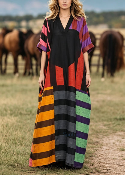 French Black Oversized Striped Cotton Robe Dresses Summer