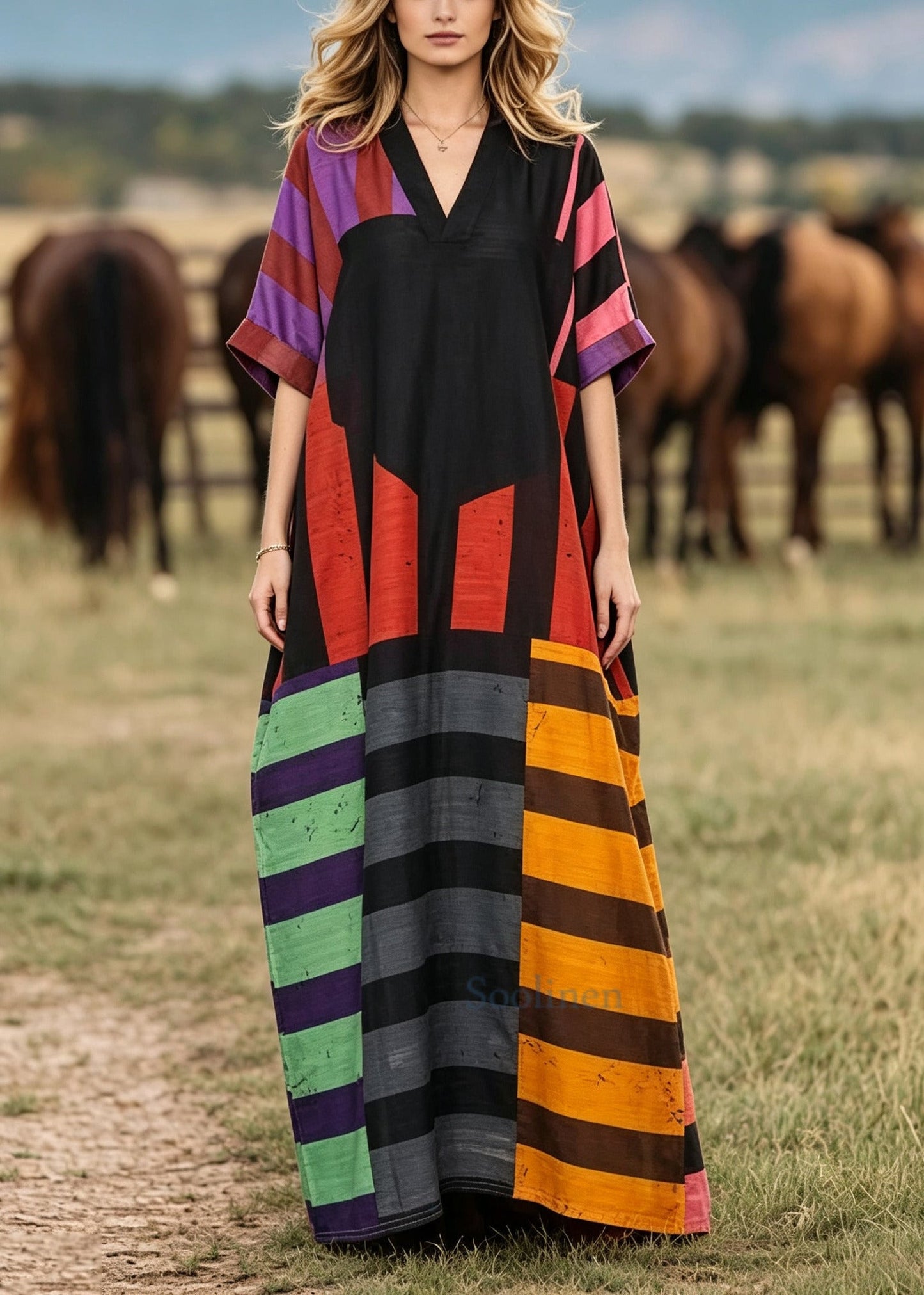 French Black Oversized Striped Cotton Robe Dresses Summer