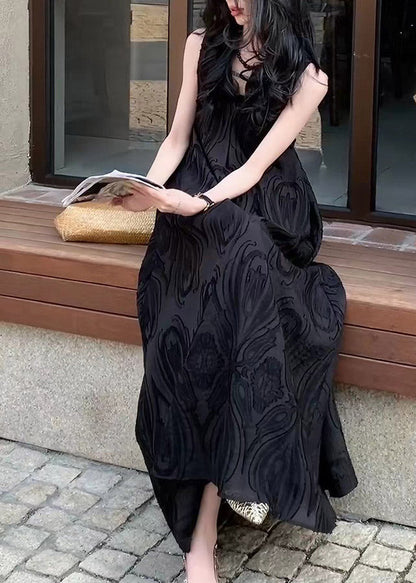 French Black Patchwork Long Dress V Neck Sleeveless