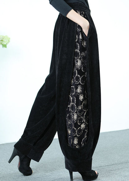 Französische schwarze Cordhose mit Patchwork-Print für den Winter