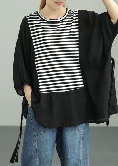 French Black Patchwork Striped Cotton Tee Summer - SooLinen