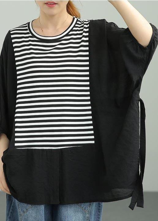 French Black Patchwork Striped Cotton Tee Summer - SooLinen