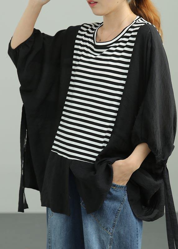 French Black Patchwork Striped Cotton Tee Summer - SooLinen