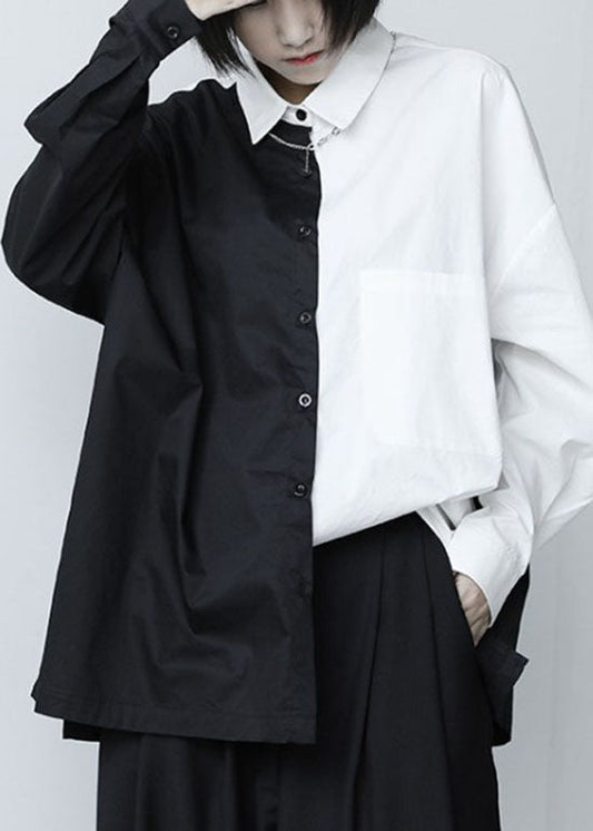 Französisches schwarzes Patchwork mit weißen Knöpfen, Herbst-Langarmhemd