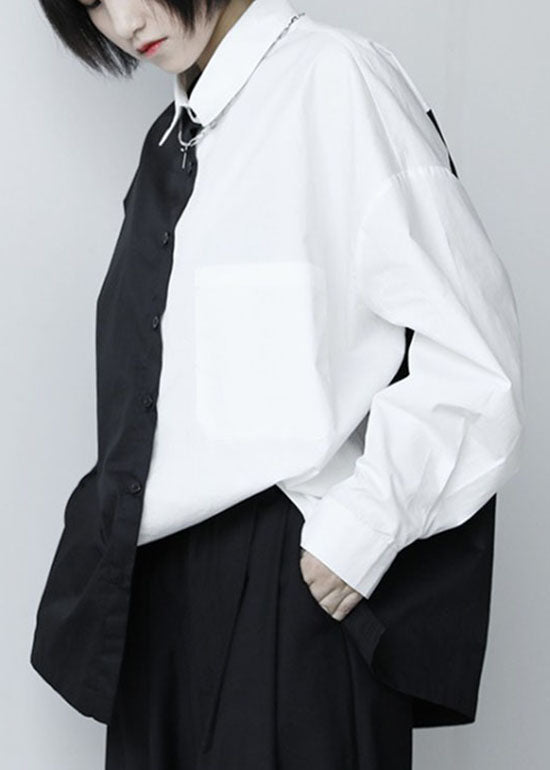 Französisches schwarzes Patchwork mit weißen Knöpfen, Herbst-Langarmhemd