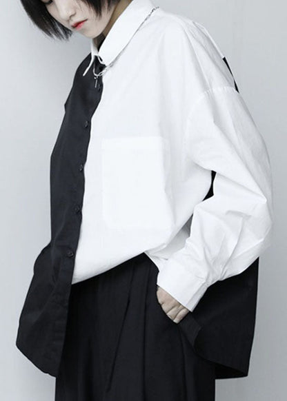 Französisches schwarzes Patchwork mit weißen Knöpfen, Herbst-Langarmhemd