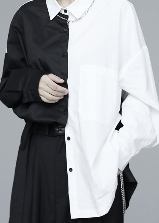 Französisches schwarzes Patchwork mit weißen Knöpfen, Herbst-Langarmhemd