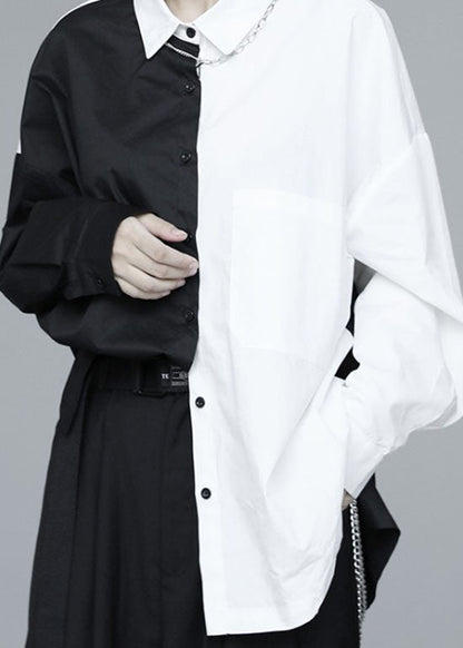 Französisches schwarzes Patchwork mit weißen Knöpfen, Herbst-Langarmhemd