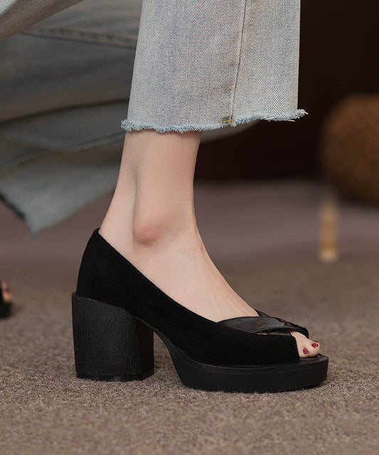Französische schwarze Peep-Toe-Plateau-Pumps aus echtem Leder