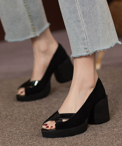 Französische schwarze Peep-Toe-Plateau-Pumps aus echtem Leder