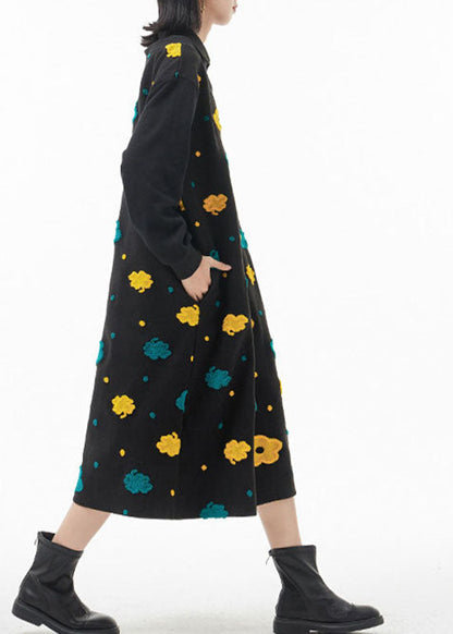Französisches schwarzes Peter-Pan-Kragen-Blumen-Patchwork-Wollkleid