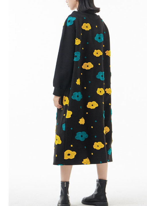 Französisches schwarzes Peter-Pan-Kragen-Blumen-Patchwork-Wollkleid