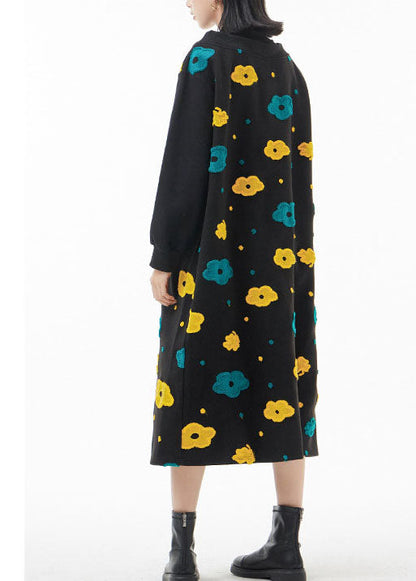 Französisches schwarzes Peter-Pan-Kragen-Blumen-Patchwork-Wollkleid