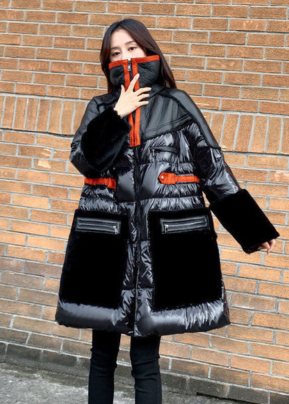 Französische schwarze Peter-Pan-Kragen Patchwork Duck Down Puffer Jacken Winter