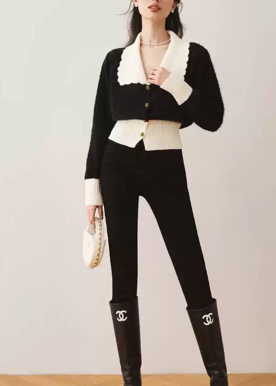 Cárdigan de punto con cuello Peter Pan negro francés de patchwork para primavera