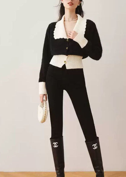 Cárdigan de punto con cuello Peter Pan negro francés de patchwork para primavera