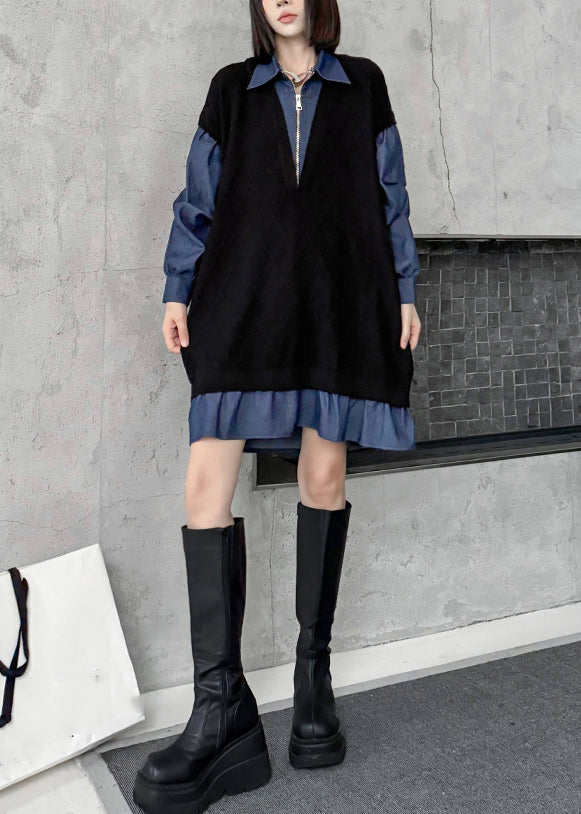 Französische schwarze Kleider mit Peter-Pan-Kragen, Reißverschluss und Denim-Patchwork-Design, mittellang, Frühling