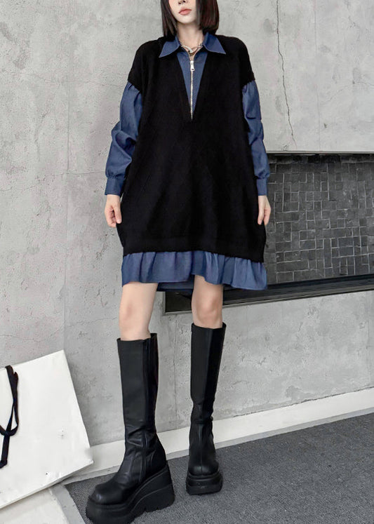 Französische schwarze Kleider mit Peter-Pan-Kragen, Reißverschluss und Denim-Patchwork-Design, mittellang, Frühling